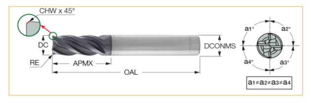 7. DR-cfra end milling cutter with unequal pitch and helical angle, 4 teeth, vibration and noise reduction, with different nose fillet radius r