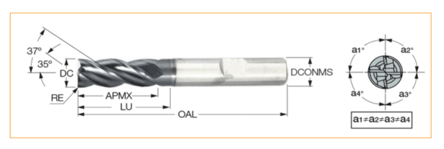  8. DR-cfrb (necking) 4-tooth vibration and noise reduction end milling cutter with unequal tooth pitch and helical angle, with 3*d long necking and unequal cutter fillet radius